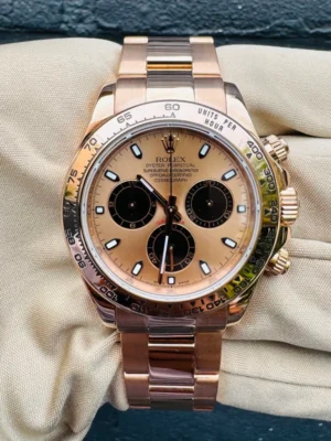 Rolex Daytona 116505 904L RG VF Super Clone featuring a 40mm 904L Everose gold-tone case, Everose Gold Dial, black subdials, Oyster bracelet, and DD4130 automatic chronograph movement