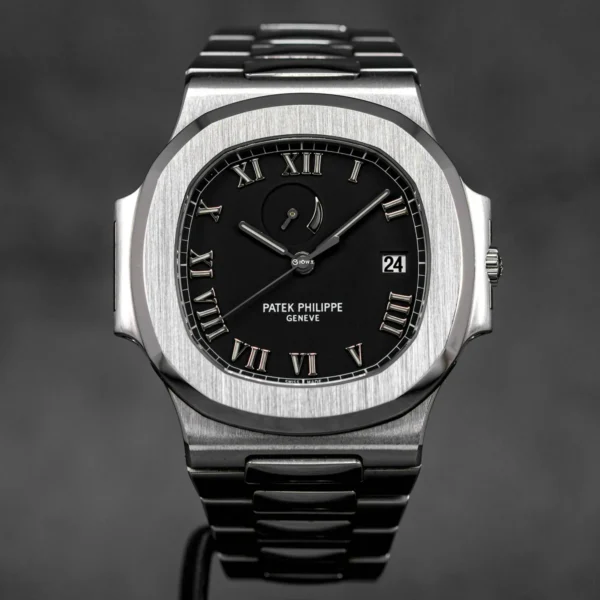 Patek Philippe Nautilus 3710/1A-001 with a Comet Black Roman Dial and Roman numeral markers.