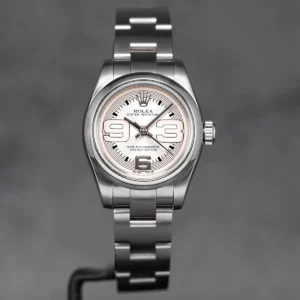 OPar Oyster Perpetual 26mm Silver 369 Dial featuring a 26mm stainless steel case, silver 369 dial, smooth bezel, Oyster bracelet, and automatic movement.