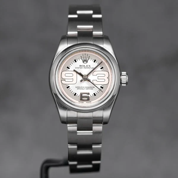 Oyster Perpetual 26mm Silver 369 Dial featuring a 26mm stainless steel case, silver 369 dial, smooth bezel, Oyster bracelet, and automatic movement.