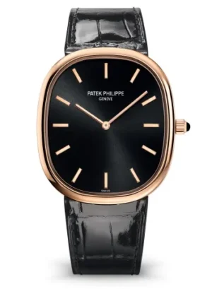 Patek Philippe 5738R Golden Ellipse with a sunburst ebony black dial, rose gold case, and black leather strap.