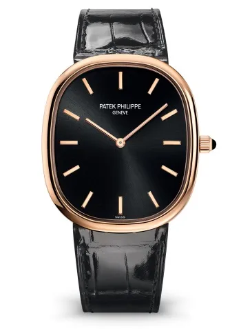Patek Philippe 5738R Golden Ellipse with a sunburst ebony black dial, rose gold case, and black leather strap.