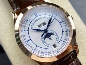 Patek Philippe Annual Calendar Super Clone with a Rose Gold finish, Silvered Dial, and Croc Band