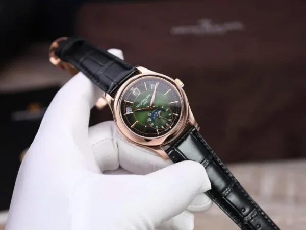 Patek Philippe Complications 5205R with a Green Dial, Gold Wrapped finish, and 40mm case.