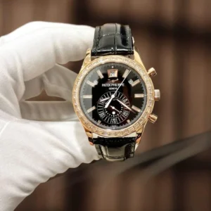 Patek Philippe Complications 5961 Super Clone Black Dial Leather Strap 40.5mm Patek Philippe Complications 5961 Super Clone with a Black Dial, Leather Strap, and 40.5mm case.