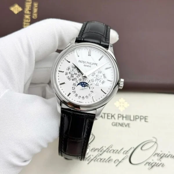 Patek Philippe Grand Complications 5327 White Imitation Watch with a White Dial, Imitation Leather Strap, and 40mm case.