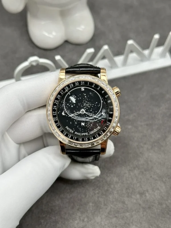 Patek Philippe Grand Complications 6104R Custom Solid Gold Watch with diamond detailing and a 44mm case.