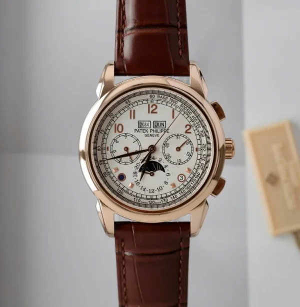 Patek Philippe Perpetual Calendar 5270 with a White Dial, Leather Strap, and 41mm case.