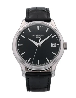 Patek Philippe Calatrava 5227 SS 3KF 1:1 Best Edition Super Clone V2 with a Black Dial, Black Leather Strap, and A324 movement.