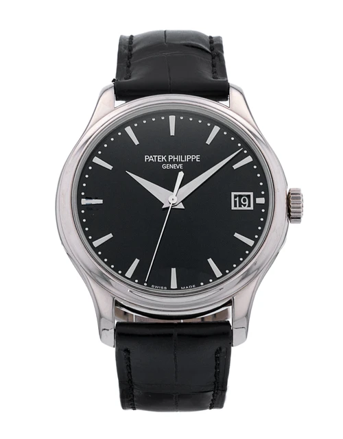 Patek Philippe Calatrava 5227 SS 3KF 1:1 Best Edition Super Clone V2 with a Black Dial, Black Leather Strap, and A324 movement.