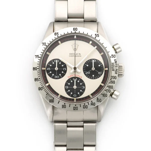 Paul Newman Daytona 6239 featuring a 37mm stainless steel case, Exotic Dial, engraved tachymeter bezel, Oyster bracelet, and manual-winding chronograph movement.