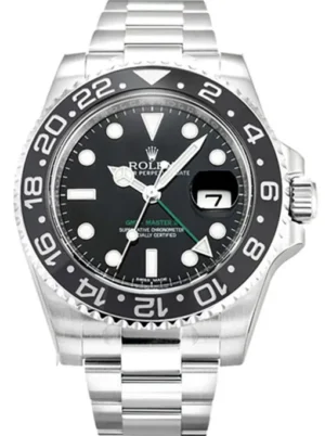Rolex GMT-Master II 40mm Black Dial 116710 Super Clone featuring a stainless steel case, Black Dial, Cerachrom bezel, Oyster bracelet, and Clone Rolex 3186 automatic movement.