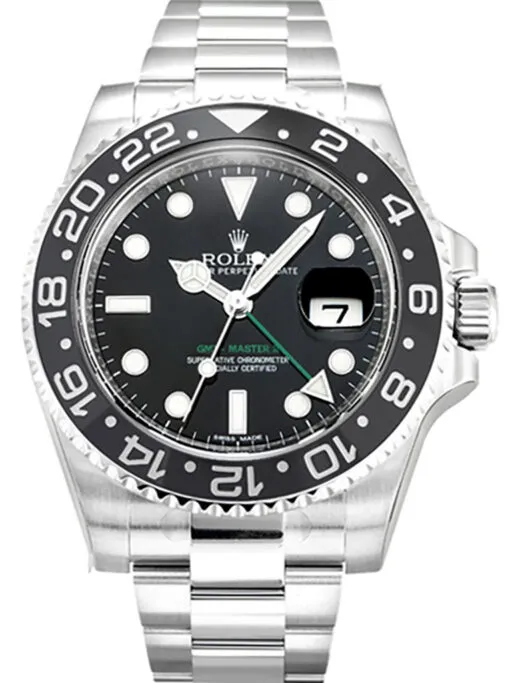 Rgmt116710_front-1-510x683-1 Rolex GMT-Master II 40mm Black Dial 116710 Super Clone featuring a stainless steel case, Black Dial, Cerachrom bezel, Oyster bracelet, and Clone Rolex 3186 automatic movement.