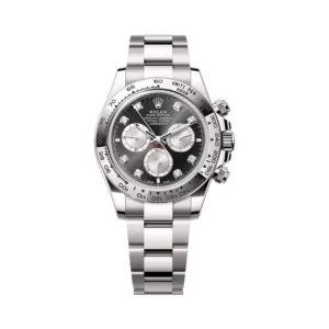 Rolex-Cosmograph-Daytona-126509-0002.png Rolex Daytona 126509 UFO Super Clone featuring a 40mm 904L stainless steel case, Black Dial, silver subdials, diamond hour markers, Oyster bracelet, and UF4131 automatic chronograph movement.