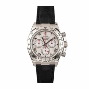 Rolex Daytona 116519 “White Roman Dial” Super Clone Super Clone Rolex Daytona 116519 White Roman Dial Super Clone featuring a 40mm white gold-tone case, White Roman Dial, tachymeter bezel, leather strap, and Clone Rolex 4130 automatic movement