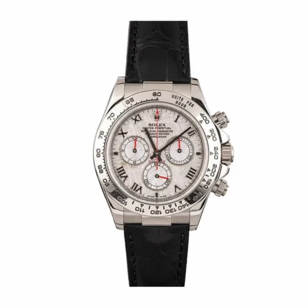 Rolex Daytona 116519 White Roman Dial Super Clone featuring a 40mm white gold-tone case, White Roman Dial, tachymeter bezel, leather strap, and Clone Rolex 4130 automatic movement
