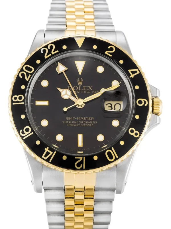 Rolex GMT-Master 38mm Black Dial 16753 Super Clone featuring a stainless steel and yellow gold-tone case, Black Dial, 24-hour GMT bezel, Oyster bracelet, and automatic movement.