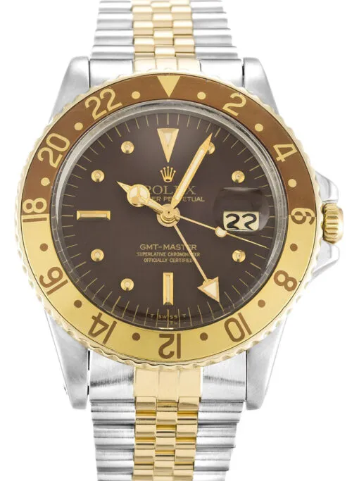 Rolex GMT-Master 40mm Copper Dial 1675 Super Clone featuring a stainless steel case, Copper Dial, 24-hour GMT bezel, Oyster bracelet, and automatic movement.
