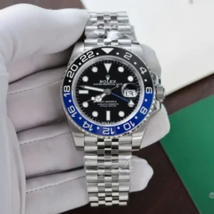 Rolex GMT-Master II 126710BLNR Super Clone with a 40mm stainless steel case, Blue and Black Cerachrom bezel, Black Dial, Oyster bracelet, and Clone Rolex 3285 automatic movement.