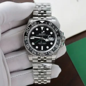 Rolex GMT-Master II 126710GRNR Super Clone with a 40mm stainless steel case, Grey and Black Cerachrom bezel, Black Dial, Oyster bracelet, and Clone Rolex 3285 automatic movement.