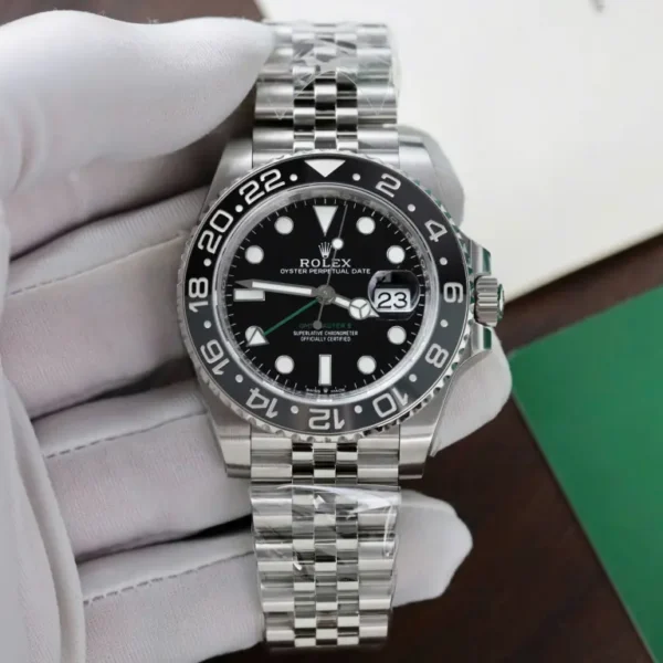 Rolex GMT-Master II 126710GRNR Super Clone with a 40mm stainless steel case, Grey and Black Cerachrom bezel, Black Dial, Oyster bracelet, and Clone Rolex 3285 automatic movement.