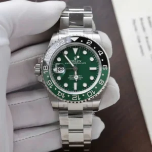 Rolex GMT-Master II 126729VTNR Super Clone with a 40mm case, green dial, green and black Cerachrom bezel, Oyster bracelet, and Clone 3285 automatic movement.