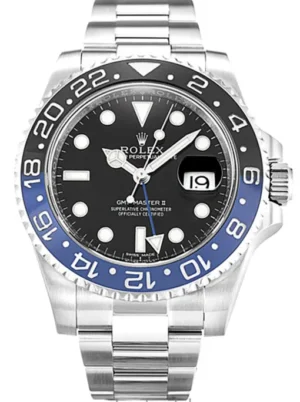 Rolex GMT-Master II 40mm Black Dial 116710BLNR Batman Oyster Bracelet V2 Super Clone featuring a stainless steel case, Black Dial, Black and Blue Cerachrom bezel, Oyster bracelet, and automatic movement.