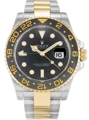 Rolex GMT-Master II 40mm Black Dial 116713 Super Clone featuring a stainless steel and yellow gold-tone case, Black Dial, 24-hour GMT bezel, Oyster bracelet, and automatic movement.