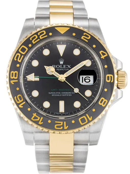 Rolex GMT-Master II 40mm Black Dial 116713 Super Clone featuring a stainless steel and yellow gold-tone case, Black Dial, 24-hour GMT bezel, Oyster bracelet, and automatic movement.