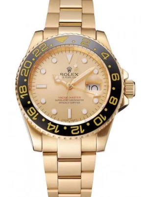 Rolex GMT-Master II 41mm Gold Dial 1453749 Super Clone featuring a stainless steel case, Gold Dial, Cerachrom bezel, Oyster bracelet, and Clone Rolex 3285 automatic movement.