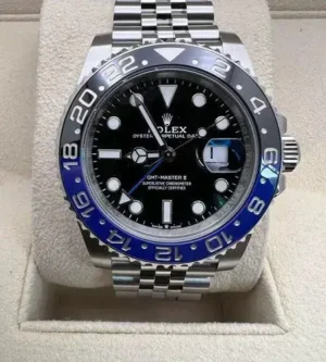 Rolex GMT-Master II Batman 126710BLNR Super Clone featuring a 40mm stainless steel case, Black Dial, Black and Blue Cerachrom bezel, Oyster bracelet, and Clone Rolex 3285 automatic movement.