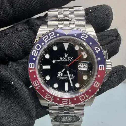 Rolex GMT Master II Black Dial Pepsi Super Clone 126710 V3 Rolex GMT-Master II Black Dial Pepsi 126710 V3 Super Clone featuring a 40mm stainless steel case, Black Dial, Blue and Red Cerachrom bezel, Oyster bracelet, and Clone Rolex 3285 automatic movement.