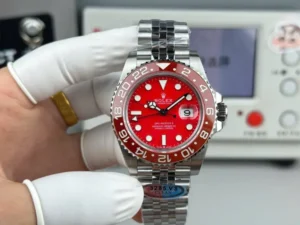 Rolex GMT-Master II 40mm Red Dial Super Clone with a stainless steel case, Oyster bracelet, GMT bezel, and Calibre 3285 automatic movement.
