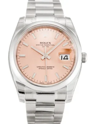 Rolex Oyster Perpetual Date 34mm Salmon Dial featuring a 34mm stainless steel case, salmon dial, date display, smooth bezel, Oyster bracelet, and automatic movement.