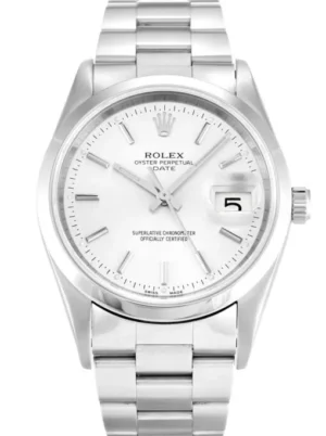 Rolex Oyster Perpetual Date 34mm Silver Dial featuring a 34mm stainless steel case, silver dial, date display, Oyster bracelet, and classic Oyster Perpetual styling.