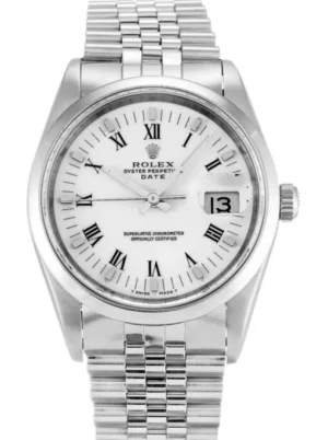 Rolex Oyster Perpetual Date 34mm White Dial featuring a 34mm stainless steel case, white dial, date display, Oyster bracelet, and classic Oyster Perpetual styling.