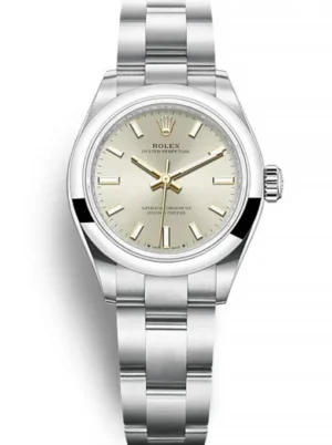 Rolex Oyster Perpetual Lady 28mm Silver Dial featuring a 28mm stainless steel case, silver dial, smooth bezel, Oyster bracelet, and automatic movement.