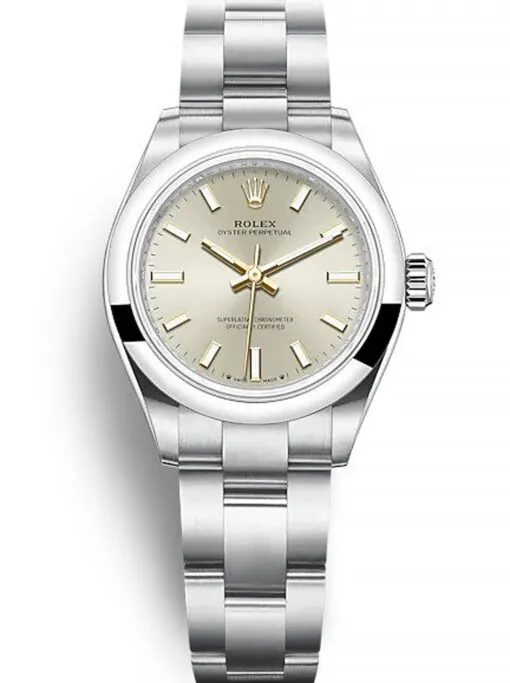 Rolex Oyster Perpetual Lady 28mm Silver Dial Rolex Oyster Perpetual Lady 28mm Silver Dial featuring a 28mm stainless steel case, silver dial, smooth bezel, Oyster bracelet, and automatic movement.