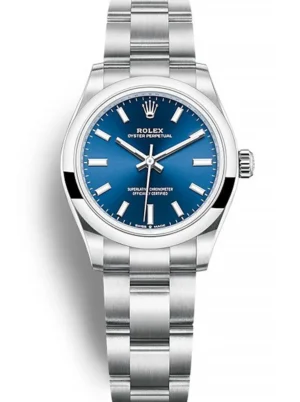 Rolex Oyster Perpetual Lady 31mm Blue Dial featuring a 31mm stainless steel case, blue dial, smooth bezel, Oyster bracelet, and automatic movement.