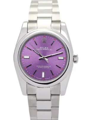 Rolex Oyster Perpetual Lady 31mm Purple Dial with a 31mm stainless steel case, vibrant purple dial, smooth bezel, Oyster bracelet, and automatic movement.