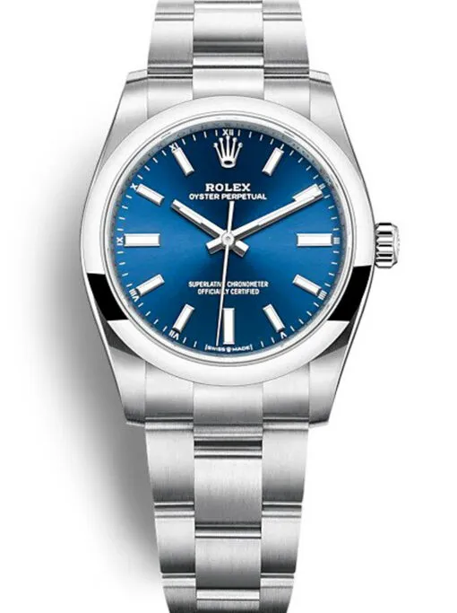Rolex Oyster Perpetual Lady 34mm Blue Dial Rolex Oyster Perpetual Lady 34mm Blue Dial featuring a 34mm stainless steel case, blue dial, smooth bezel, Oyster bracelet, and automatic movement.