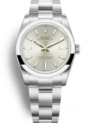 Rolex Oyster Perpetual Lady 34mm Silver Dial featuring a 34mm stainless steel case, silver dial, smooth bezel, Oyster bracelet, and automatic movement.