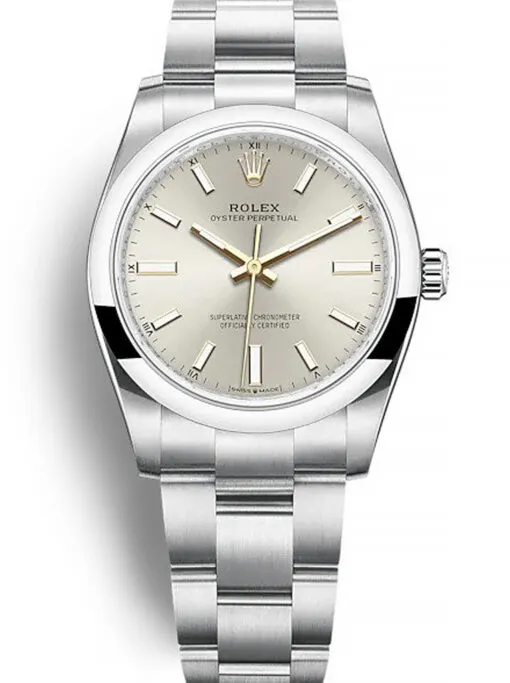 Rolex Oyster Perpetual Lady 34mm Silver Dial Rolex Oyster Perpetual Lady 34mm Silver Dial featuring a 34mm stainless steel case, silver dial, smooth bezel, Oyster bracelet, and automatic movement.