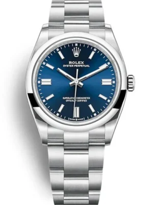 Rolex Oyster Perpetual Lady 36mm Blue Dial featuring a 36mm stainless steel case, blue dial, smooth bezel, Oyster bracelet, and automatic movement.