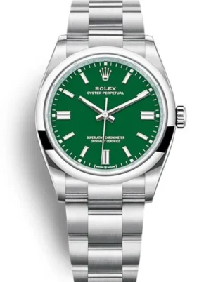 Rolex Oyster Perpetual Lady 36mm Green Dial featuring a 36mm stainless steel case, green dial, smooth bezel, Oyster bracelet, and automatic movement.