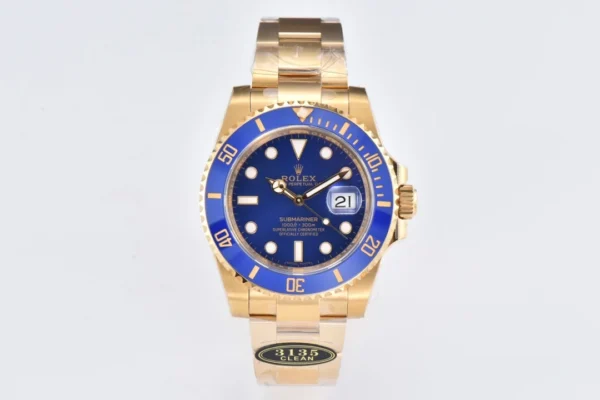 Rolex Submariner 40mm 116618 LB Super Clone V3 with a Blue Dial, Ceramic Bezel, and YG Plated finish.