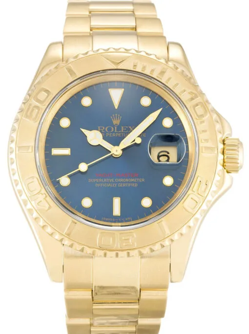 Rolex Yacht-Master 40mm Blue Dial 16628 Rolex Yacht-Master 16628 Super Clone featuring a 40mm yellow gold finish case, Blue Dial, Oyster bracelet, sapphire crystal, and automatic movement.