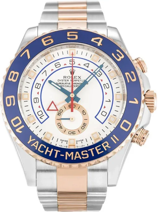 Rolex Yacht-Master II 116681 Super Clone featuring a 44mm Oystersteel and Everose Gold finish case, White Dial, Oyster bracelet, sapphire crystal, and automatic movement.