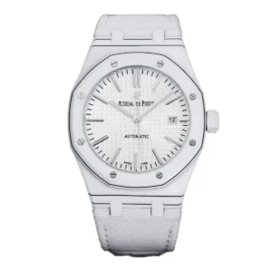 Royal-Oak-15400-White-Dial-in-White-Carbon-Fibre-on-White-Nylon-Strap-1 Audemars Piguet Royal Oak 15400 with a white dial, white carbon fibre case, and white nylon strap.