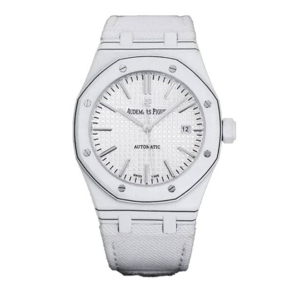 Royal-Oak-15400-White-Dial-in-White-Carbon-Fibre-on-White-Nylon-Strap-1 Audemars Piguet Royal Oak 15400 with a white dial, white carbon fibre case, and white nylon strap.